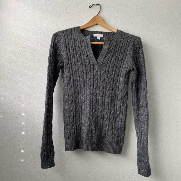 107. Grey with Silver V-Neck Long Sleeve Knit Sweater - Picture 7 of 14